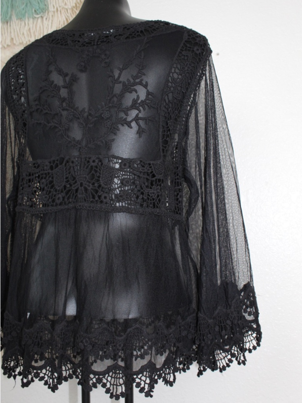 Shyanne Medium Black Sheer Lace Crochet Peplum Top Bell sleeve wester wear - Picture 6 of 9